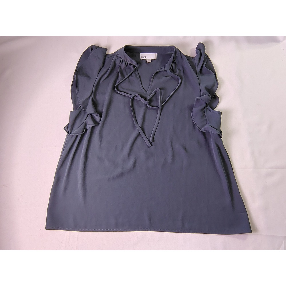 Nordstrom Rack Blouse Medium Gray Ruffle Sleeve Split V-Neck Tie Front Top‎ M